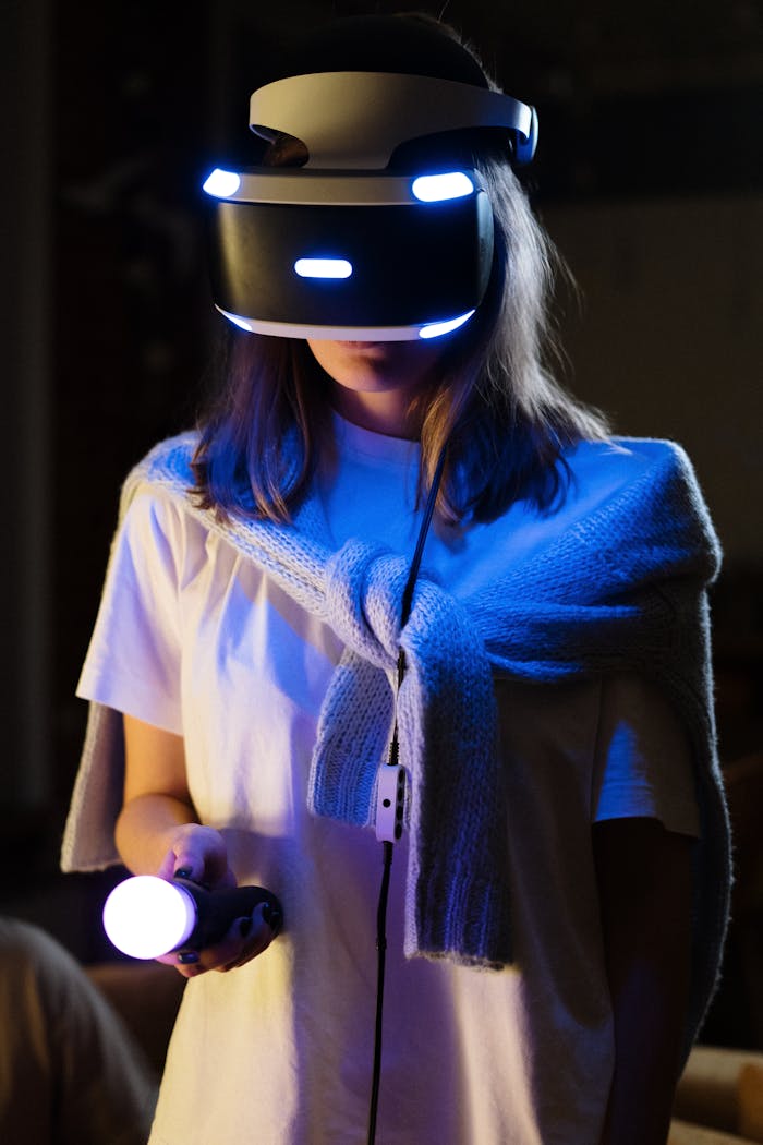 stats-img A young woman immersed in virtual reality gaming, wearing a VR headset and controller.